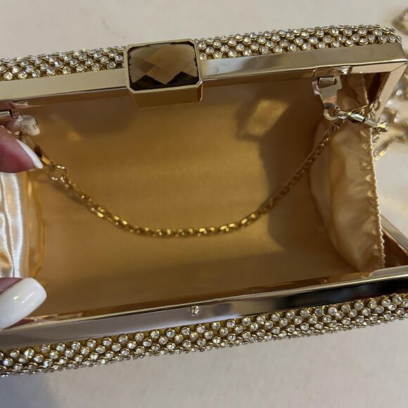 Gold Crystal Clutch Purse Womens Evening Bag Rhinestone Minaudiere Chain Strap - Picture 6 of 12
